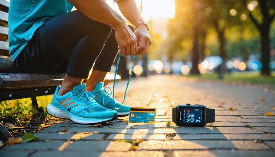 Close-up of a runner lacing new running shoes on a park bench at golden hour, with a smartwatch and blank bank card beside them; blurred park path and distant city skyline in the background