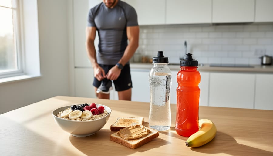 A runner’s breakfast of banana, oatmeal, yogurt, and a water bottle on a kitchen counter before a run