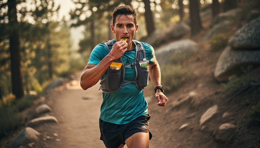 Hand holding a running energy gel near a sports bottle on a trail