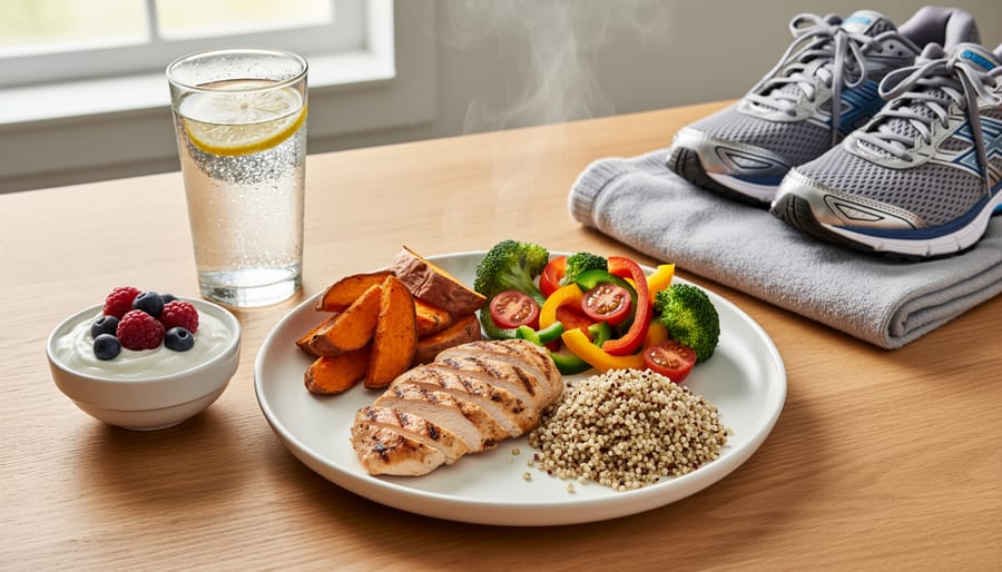 Recovery meal plate with grains, protein, berries, and a glass of water on a table