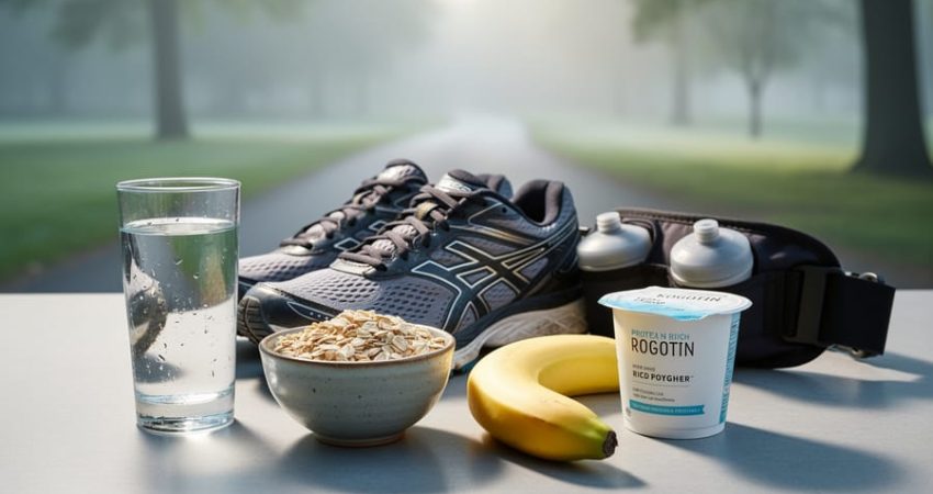 “Nutrition and hydration essentials next to running shoes, including water, oats or granola, banana, and yogurt for fueling a run.”