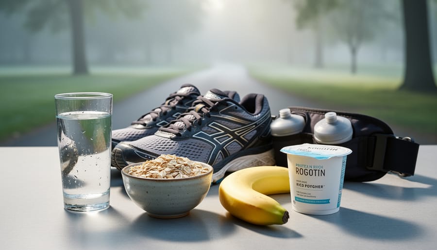 “Nutrition and hydration essentials next to running shoes, including water, oats or granola, banana, and yogurt for fueling a run.”