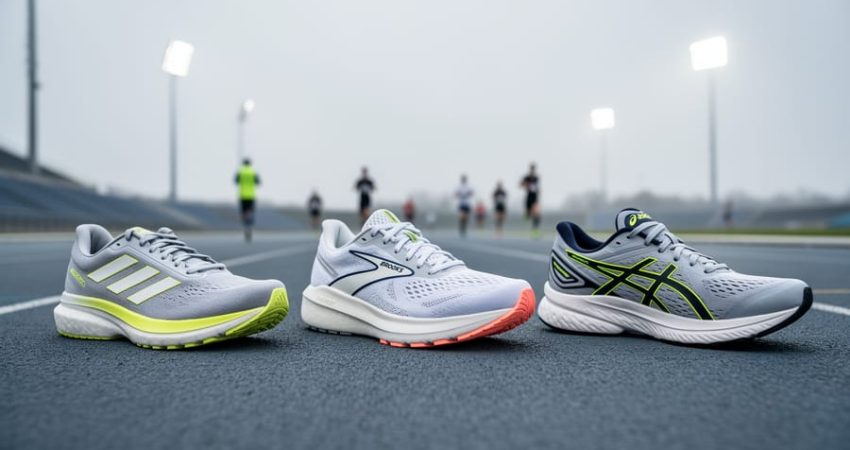 Three long-distance running shoes arranged on an asphalt road beside a track, photographed from ground level with a blurred athletic background.