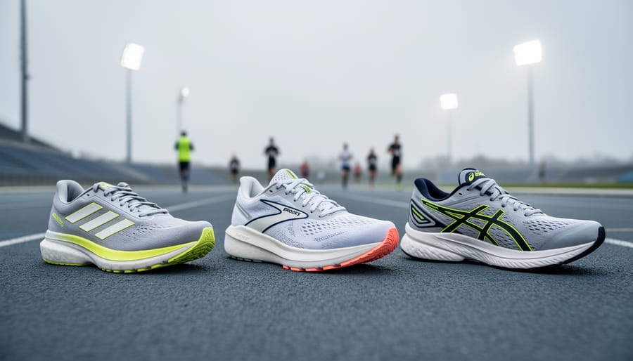Three long-distance running shoes arranged on an asphalt road beside a track, photographed from ground level with a blurred athletic background.