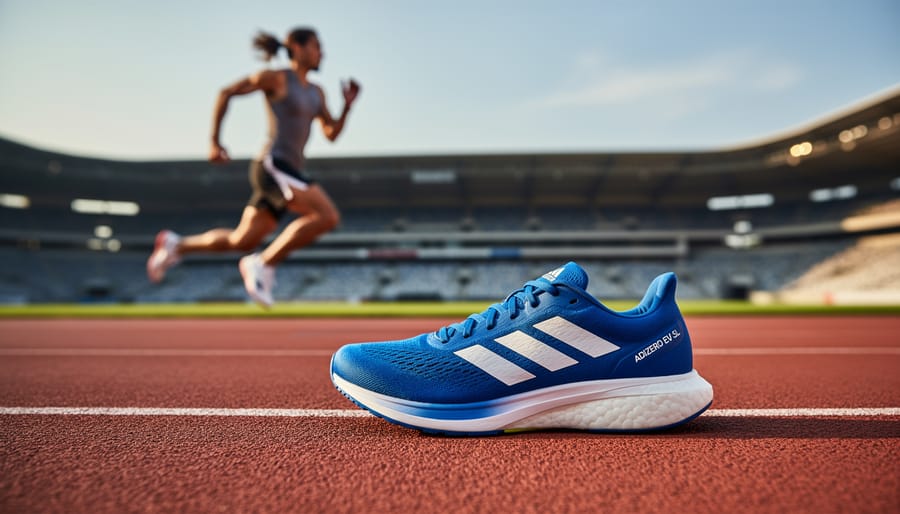 Adidas Adizero Evo SL running shoes on a track next to a runner’s legs in motion