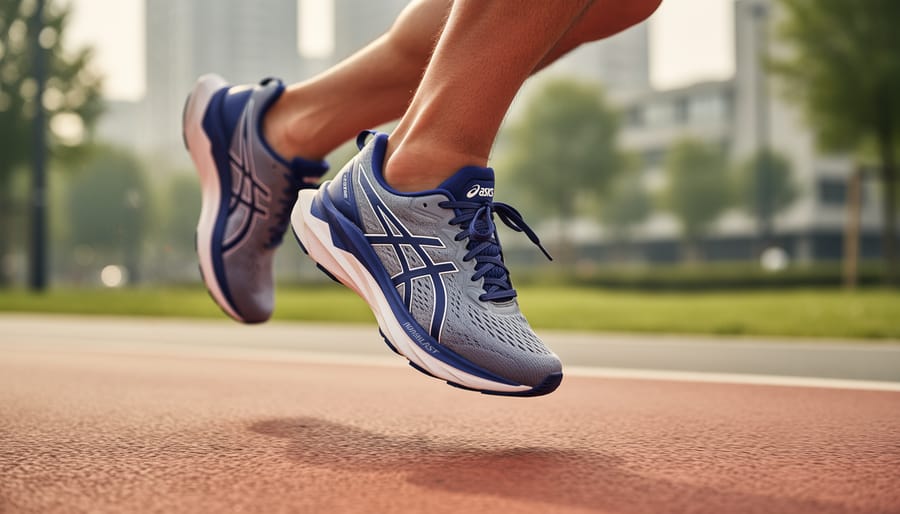 Asics Novablast 5 shoes on a paved trail with a runner’s stepping foot nearby