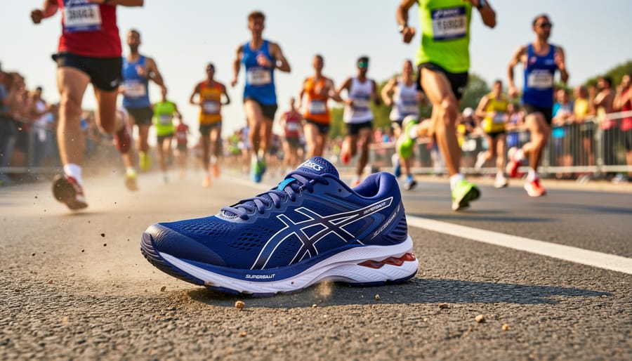 Asics Superblast 3 shoes on a race-day table near a non-readable bib holder