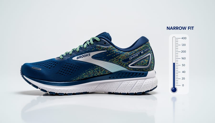Brooks Ghost 18 shoes with a socked foot positioned for narrow-foot fit reference