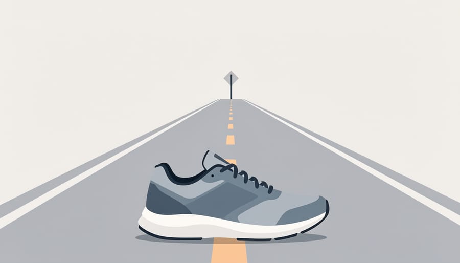 Close-up of a worn running shoe beside a roadside distance marker on a country road at golden hour.