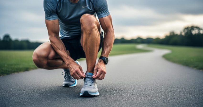 Runner tying shoelaces at the start of a park path under soft daylight, ready to follow a structured half marathon training plan.