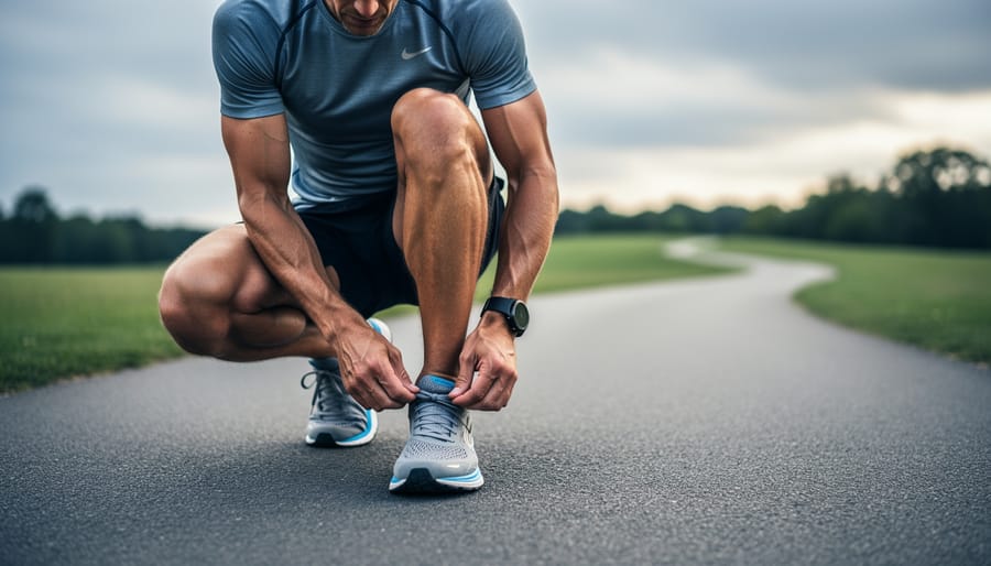 Runner tying shoelaces at the start of a park path under soft daylight, ready to follow a structured half marathon training plan.