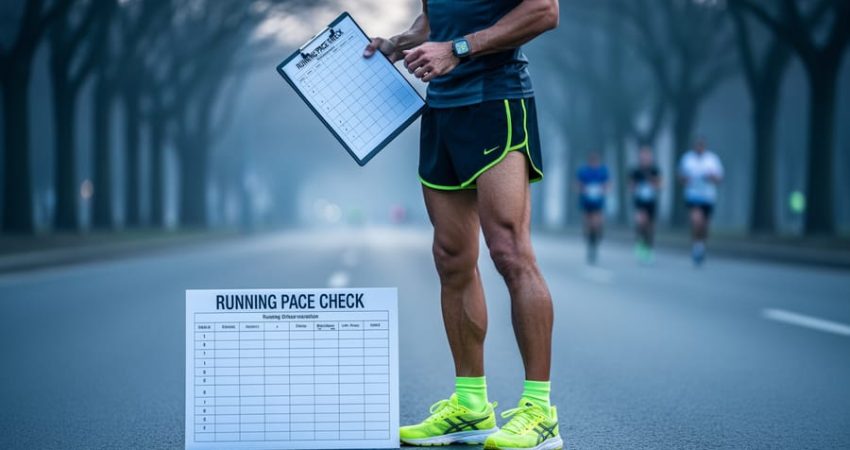 Runner holding a clipboard with a blank pace chart grid and checking a smartwatch before a half marathon on a road.