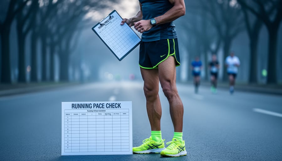 Runner holding a clipboard with a blank pace chart grid and checking a smartwatch before a half marathon on a road.