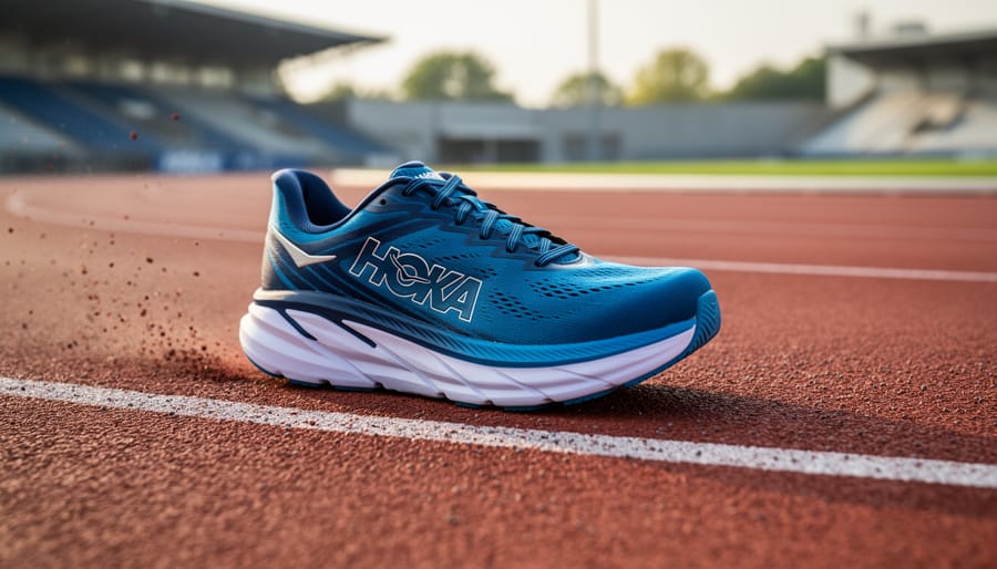 Hoka Mach 6 shoes on a track start area with a runner’s lifting heel behind