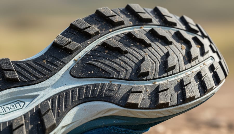 Macro close-up of a trail shoe outsole tread and cushioning layers