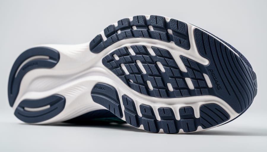 Macro close-up of the Nike Pegasus 41 outsole and midsole cushioning textures