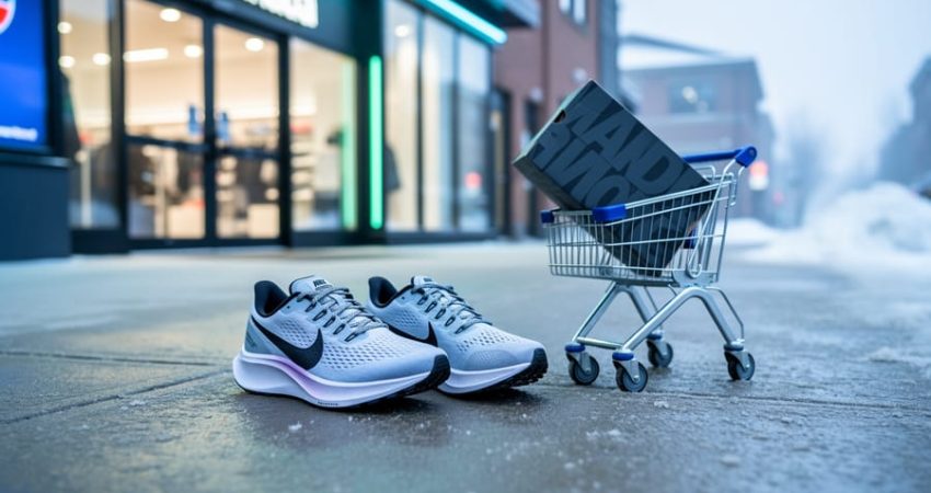 Nike Pegasus 41 running shoes displayed outside a Canadian retail store with a shopping cart and shoe box nearby.