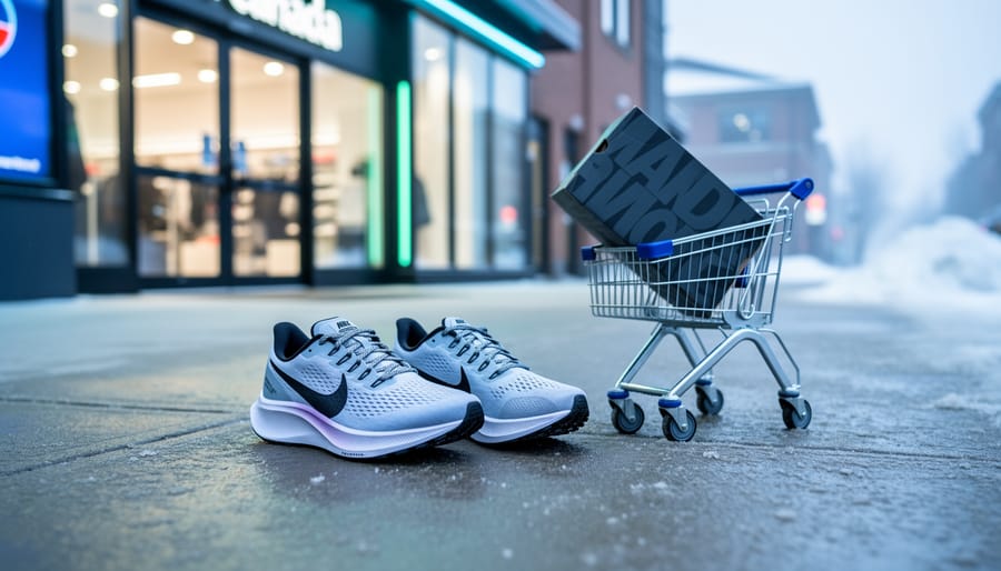 Nike Pegasus 41 running shoes displayed outside a Canadian retail store with a shopping cart and shoe box nearby.