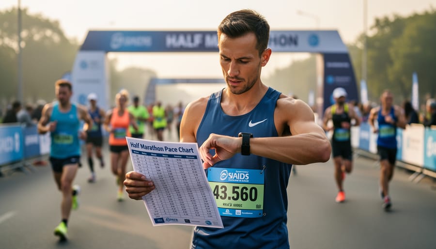 Runner adjusting a wrist GPS watch while holding a small paper pace guide before a half marathon.
