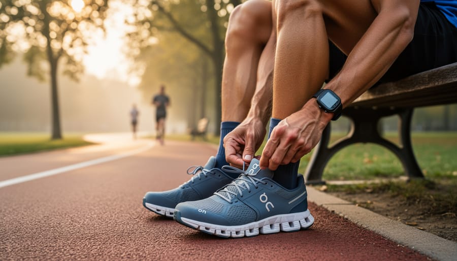 Runner lacing up On running shoes in a bright store-like setting.