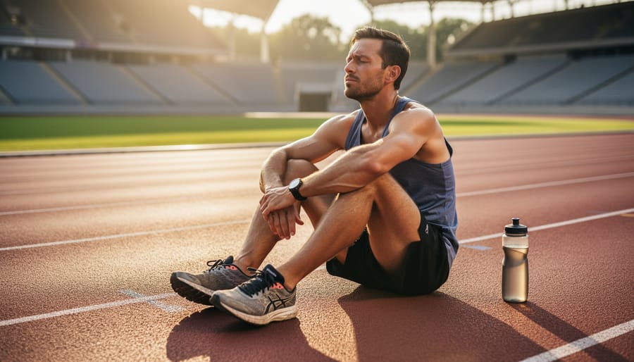 Runner pausing on a trail with hands on knees, suggesting rest and recovery during training