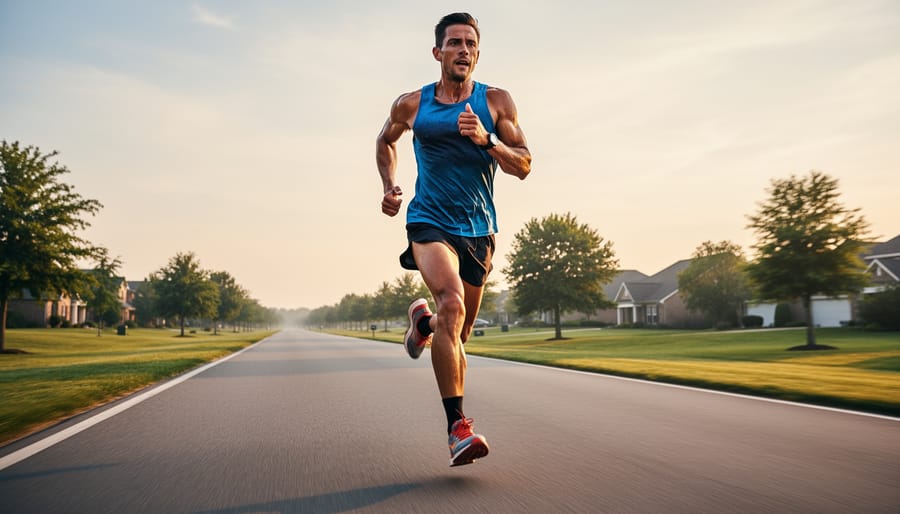 Runner sprinting or jogging on an empty park path during golden hour morning light