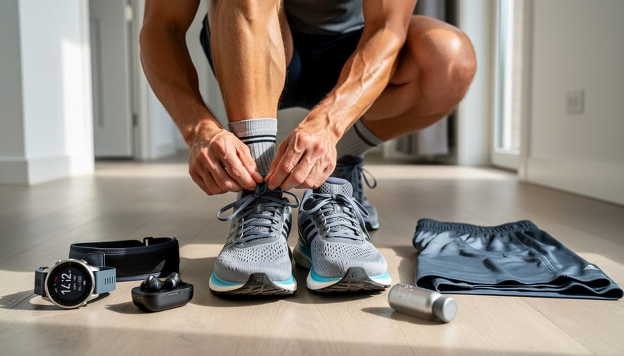 Runner tying shoelaces next to running gear and a fitness watch on a park bench