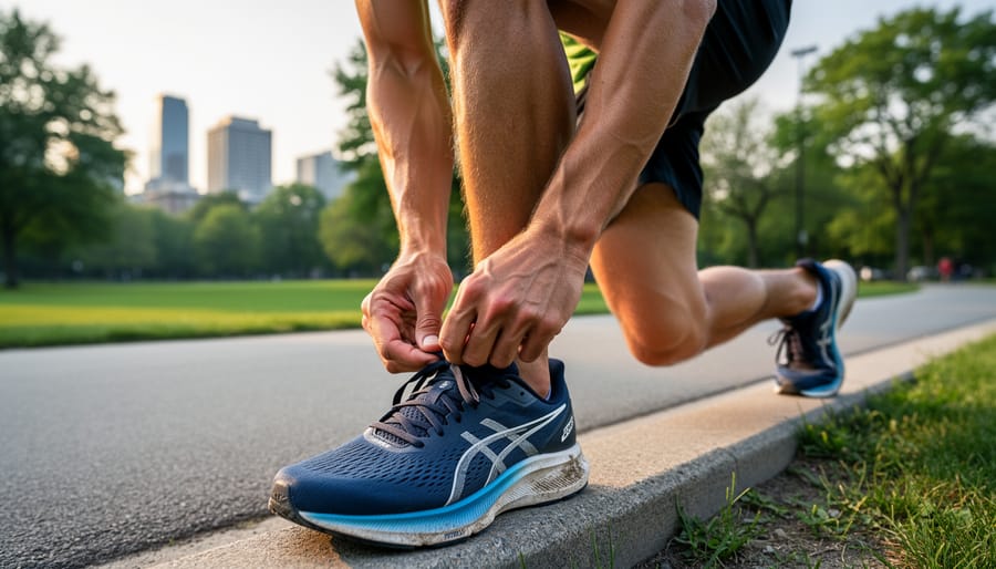 Runner tying the laces of the Nike Pegasus 41 outdoors in a Canadian park at golden hour