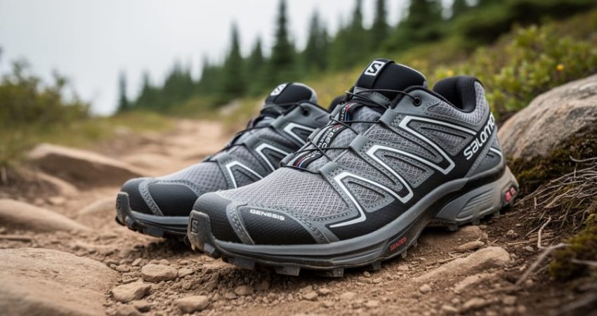 Pair of trail running shoes on a rocky outdoor path with evergreen trees softly blurred in the background, representing Salomon Genesis trail runners in Canada.
