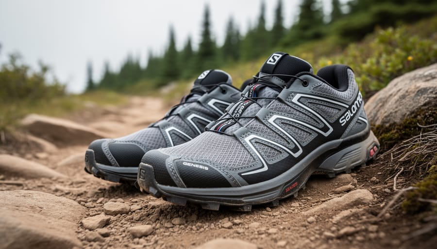 Pair of trail running shoes on a rocky outdoor path with evergreen trees softly blurred in the background, representing Salomon Genesis trail runners in Canada.