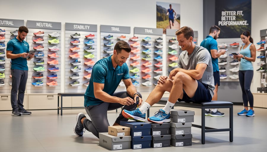 Staff member helping a customer with running shoes in a premium store setting.