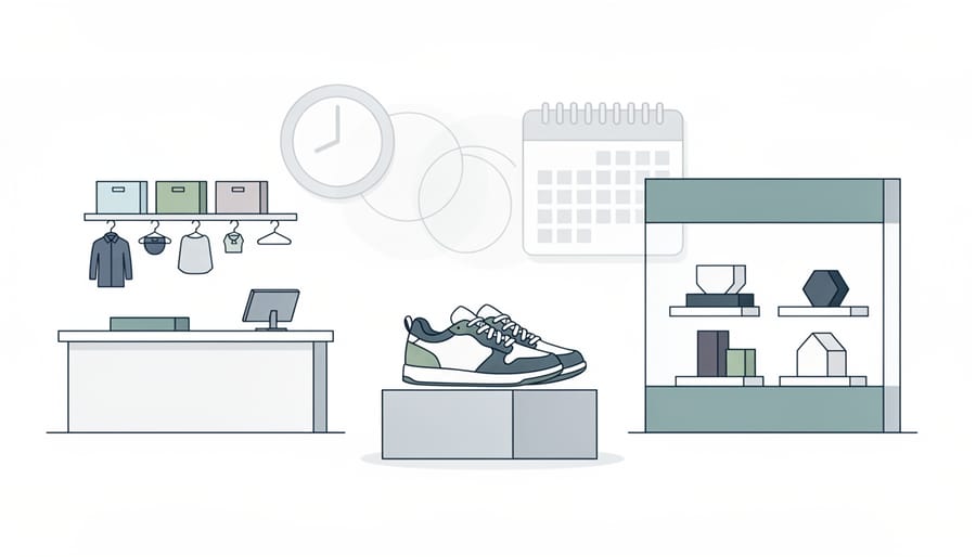 Trail runners on a workbench with blurred shopping items nearby indicating purchase context