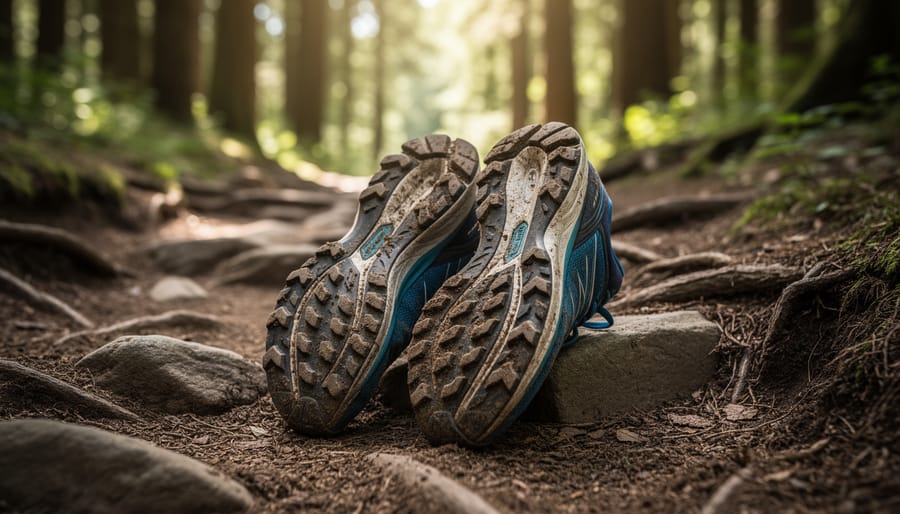 Trail runners standing on a rocky path with the outsole lugs in sharp focus