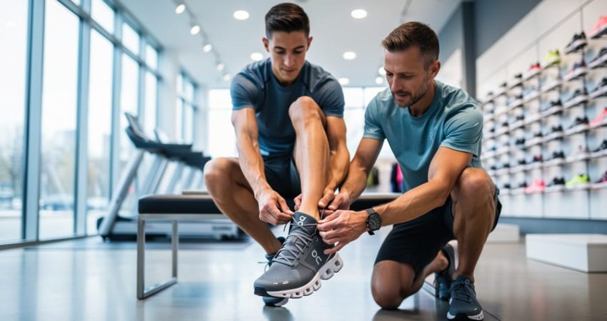 “Runner being fitted for On Running shoes with focus on the shoe cushioning inside a bright Canadian running store.”