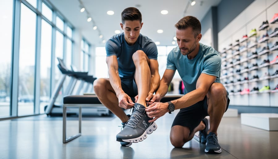 “Runner being fitted for On Running shoes with focus on the shoe cushioning inside a bright Canadian running store.”