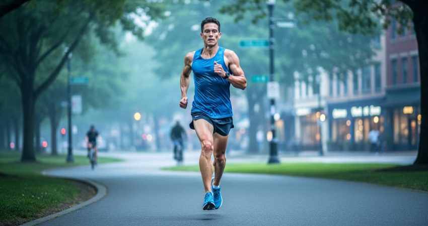 “Runner training on a tree-lined path in the early morning, captured mid-stride with blurred city background and focused shoes.”