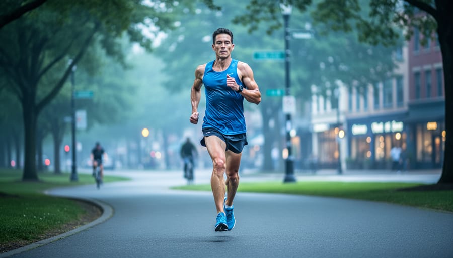 “Runner training on a tree-lined path in the early morning, captured mid-stride with blurred city background and focused shoes.”