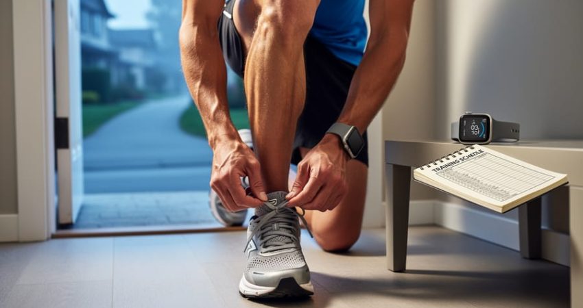 Runner lacing up running shoes at home before starting marathon training, with smartwatch and training notebook nearby.