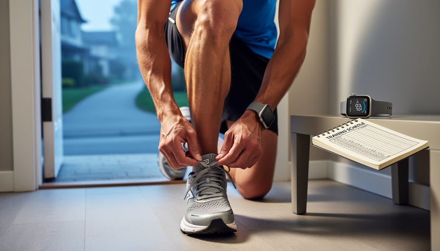 Runner lacing up running shoes at home before starting marathon training, with smartwatch and training notebook nearby.