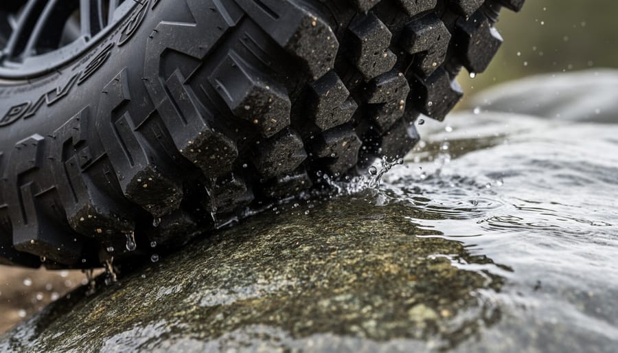Close-up of a La Sportiva trail shoe outsole pressed against wet rock showing tread pattern