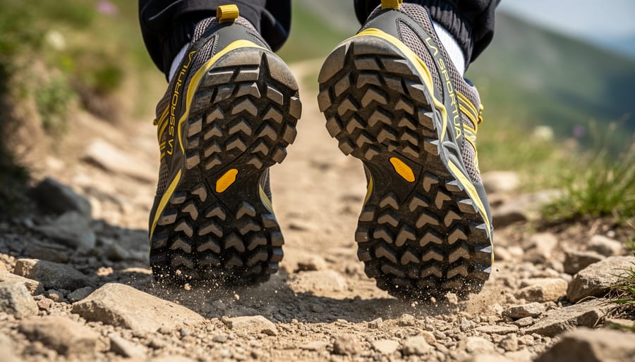La Sportiva trail running shoes placed on a rocky trail at golden hour with hikers in the background