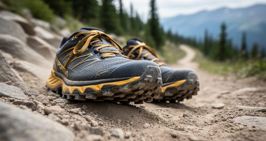 Trail running shoes with detailed outsole tread resting on rocky singletrack in a mountainous forest setting.