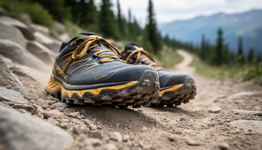 Trail running shoes with detailed outsole tread resting on rocky singletrack in a mountainous forest setting.
