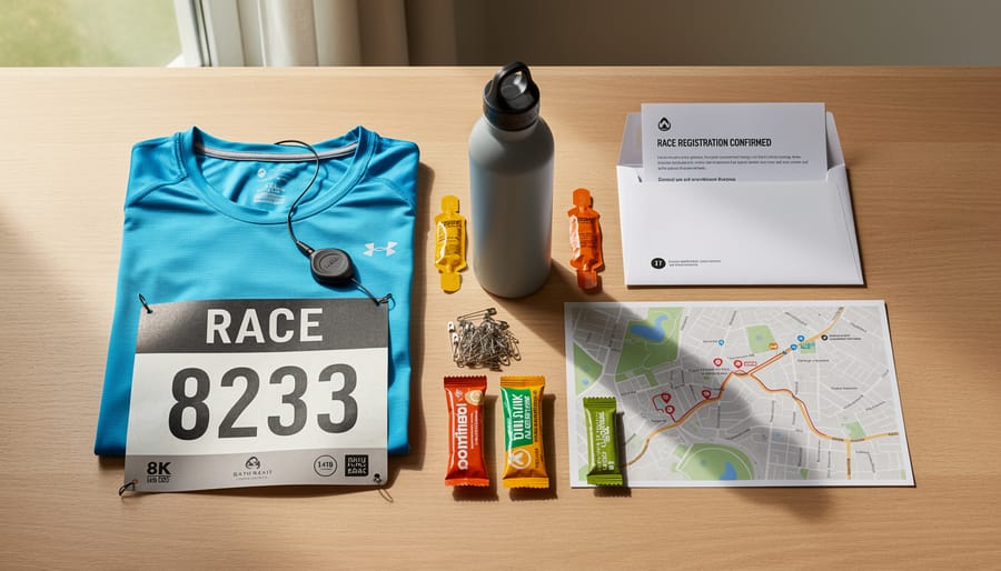 Marathon registration items laid out with running shoes and race accessories on a tabletop