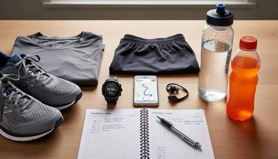 Marathon training essentials including running shoes, GPS watch, water bottle, and a training notebook