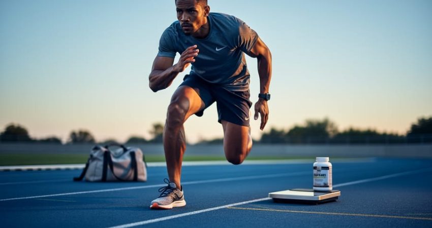 “Runner in motion on an outdoor track at dawn with blurred gym items in the background, conveying caution against unregulated supplements.”