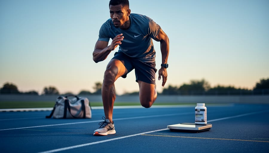 “Runner in motion on an outdoor track at dawn with blurred gym items in the background, conveying caution against unregulated supplements.”