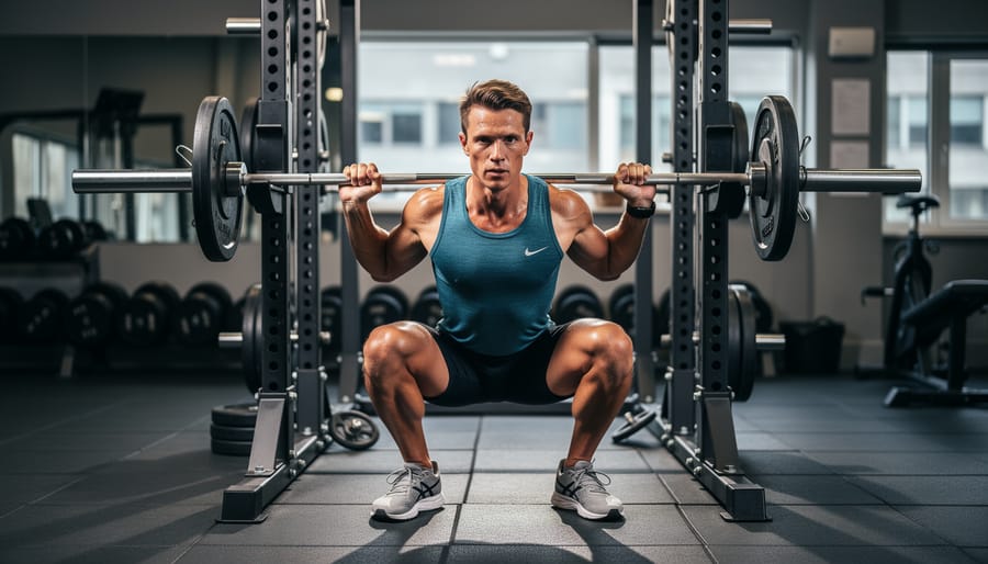 Runner performing a barbell back squat with proper form in a gym.