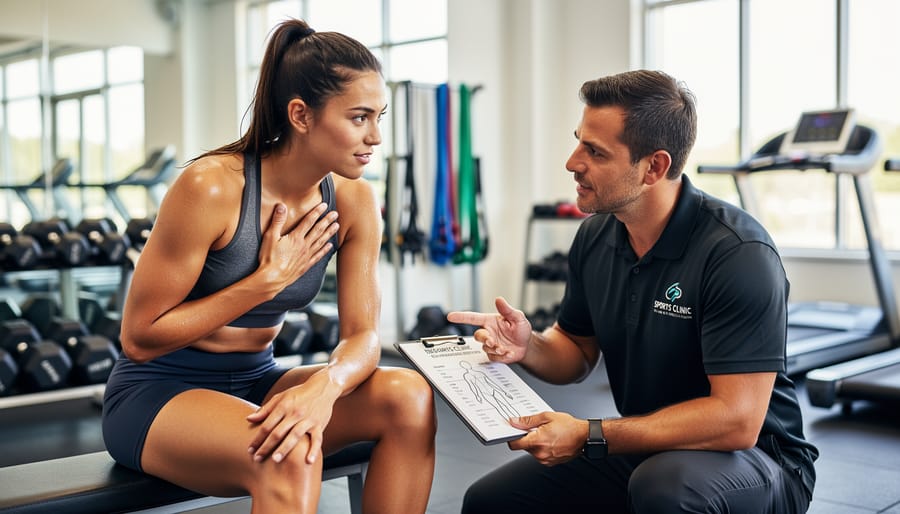 Runner holding their calf with concern while another person offers support