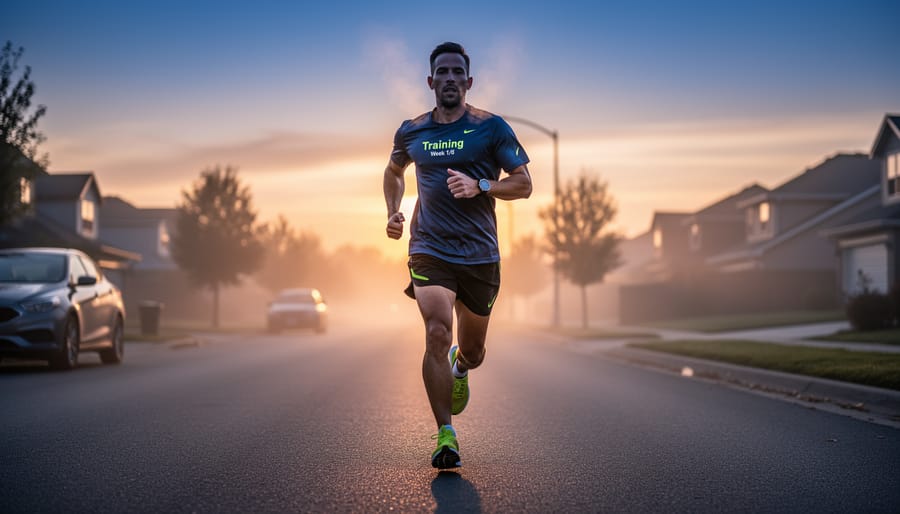 Runner jogging on a quiet road at dawn during half marathon training.